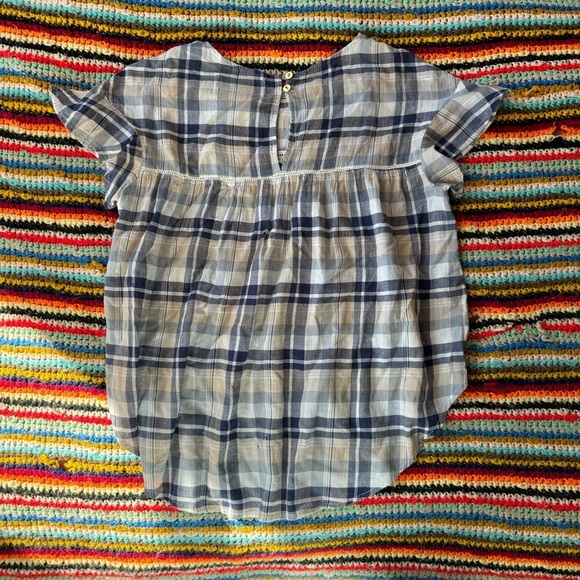 Birds of Paradis Flutter Sleeve Plaid Blue Tan Top XS - Picture 2 of 2
